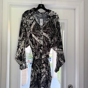 Express Long Sleeve Mini Portofino Shirt Dress in a black and white